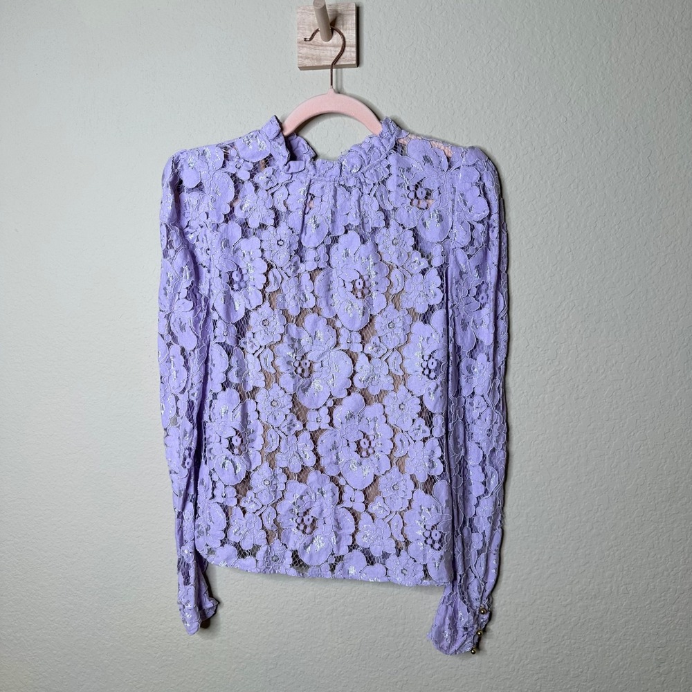 WAYF Lavender Floral Lace Metallic Long Sleeve Blouse XS Purple High Neck Top